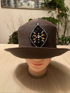 Men's Brown Straw Hat with Beaded Jewel Medallion